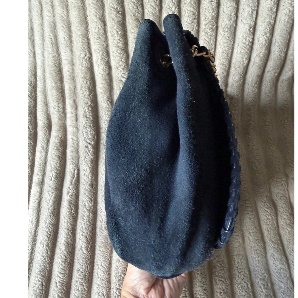 Tory Burch Marion Navy Blue Suede Whipstitch Chain Crossbody Bag